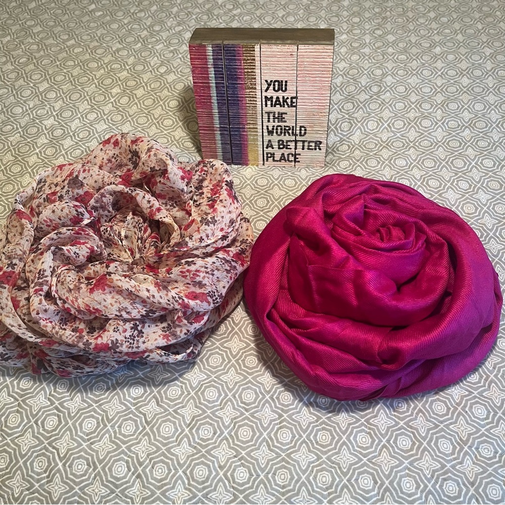 *FREE with bundle! Set of two: Hot Pink & Floral Pink Scarves - Picture 1 of 9